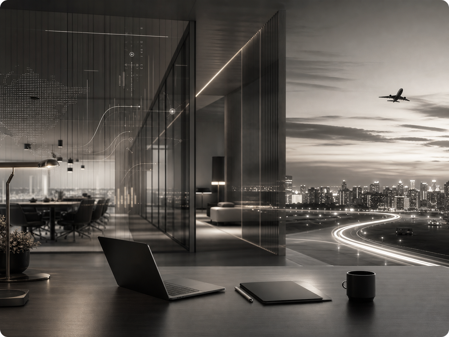 Premium visual representing D Square service paths across digital marketing, workspace, and travel